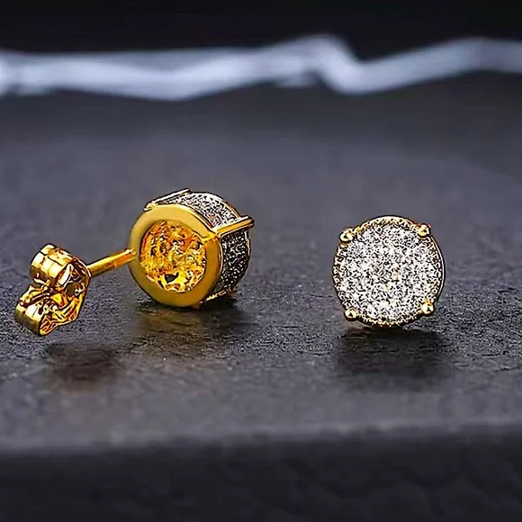 Gold Round Cut Moissanite Circle Shaped Pave Diamond Zircon Stud Earrings - Picture 5 of 9